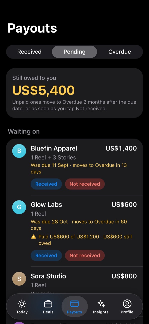 Payouts screen